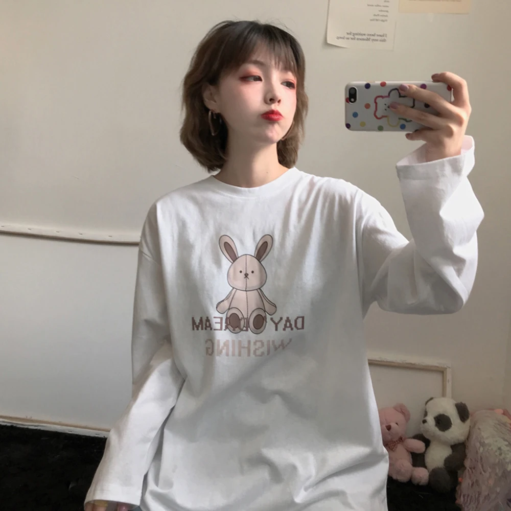 

2020 Spring Korean Women Bunny Printed Long Sleeved T-Shirt Kawaii Round Neck Loose Ins College Style T-Shirt