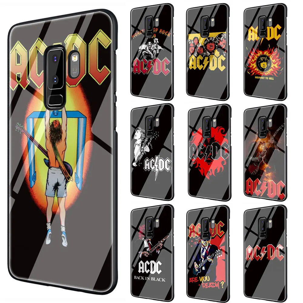 ACDC рок-группы закаленное Стекло TPU черный чехол для Galaxy S7 край S8 S9 S10 Plus, Note 8, 9, 10, A10 20 30 40 50 60 70