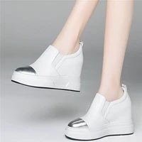 black white fashion sneakers women genuine leather platform wedges high heel pumps shoes female slip on round toe casual shoes