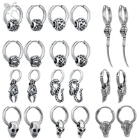 zs 2pcs 316l stainless steel earrings punk rock hoop earring snake skeleton wolf head round helix piercings vintage jewelry