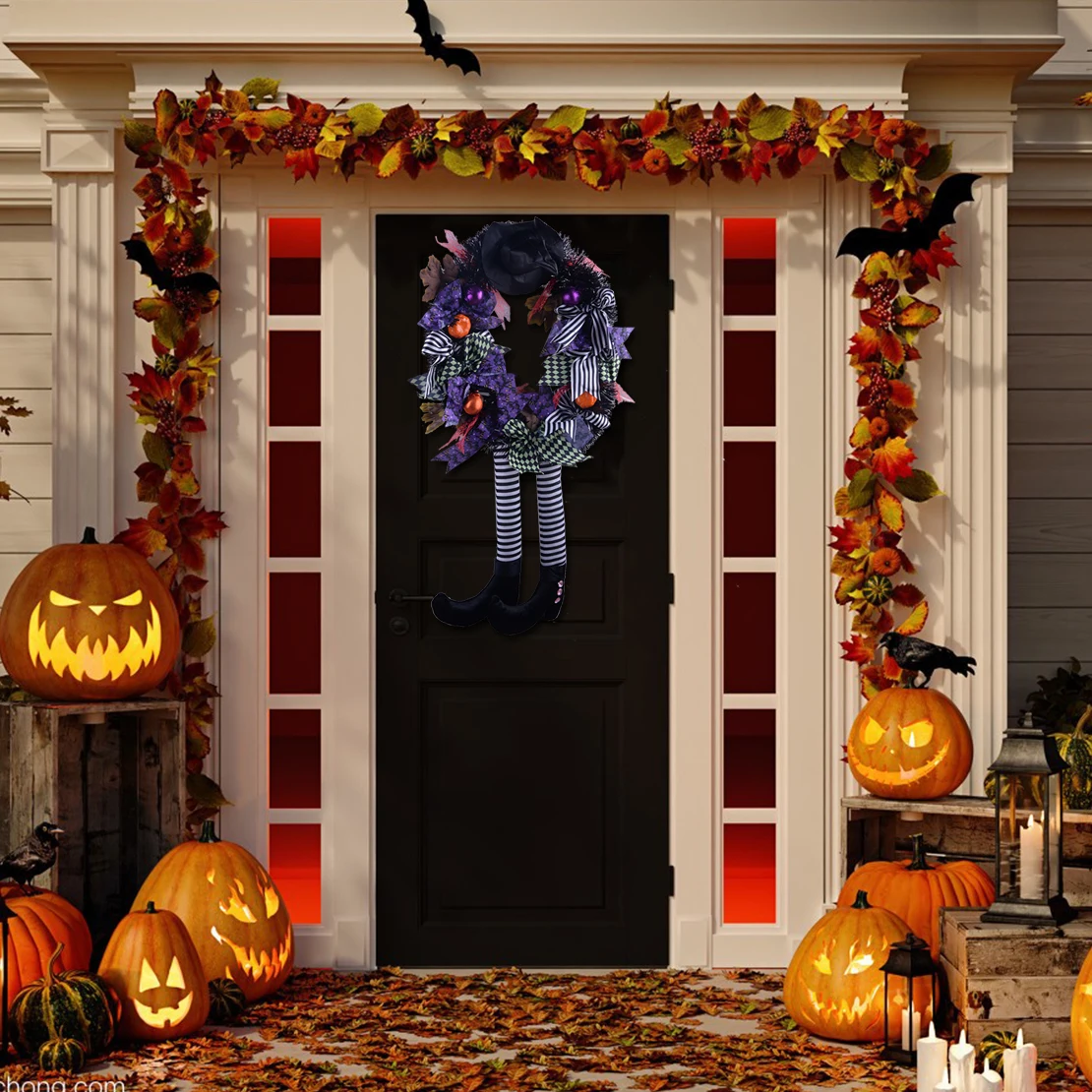 

Front Door Wall Hanging Wreath With Pumpkin Hat Ornament For Halloween Home Store Shop Decoration