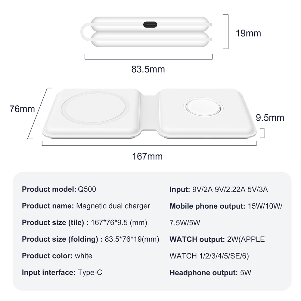 

15W Qi Wireless Magnetic 2 in 1 Charger for Iphone 12 11 Airpods Apple Watch Foldable Fast Charging Magsafe DUO