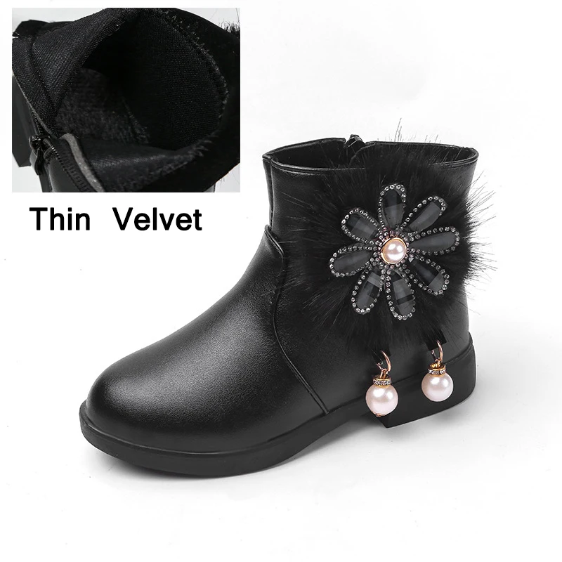 Thin velvet Black Новинка года; детская обувь; сапоги Martin для девочек; сезон осень-зима; кожаная обувь со стразами и цветком для девочек; бархатные теплые детские сапоги - Цвет: Thin velvet Black