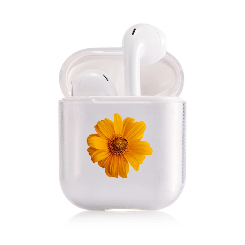 Модный чехол с ромашками из мультфильма для Airpods прозрачный жесткий сердечками