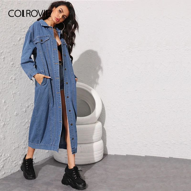 COLROVIE темно-синяя длинная джинсовая куртка на пуговицах спереди Женская Осенняя уличная куртка года Женские куртки повседневная верхняя одежда