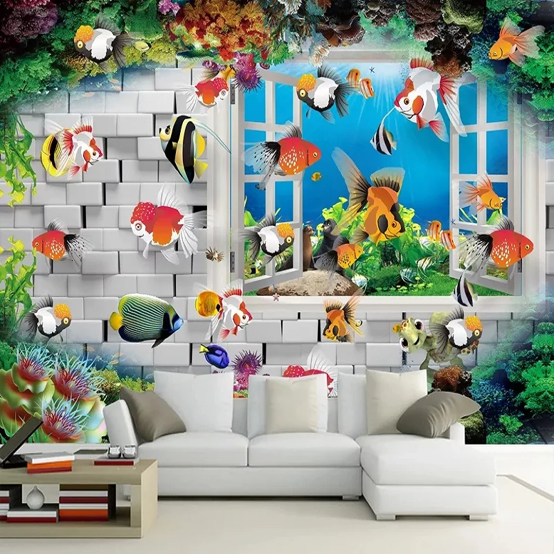 

Custom large mural 3D wallpaper Underwater world fish stereo brick color fish bedroom mural TV back wall decor deep 5D embossed