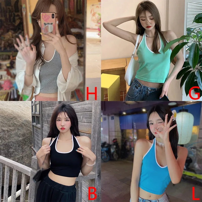

Women Summer Halter Neck Suspender Slim Top Lace-up Patchwork Sling All-match Female Cotton Vest
