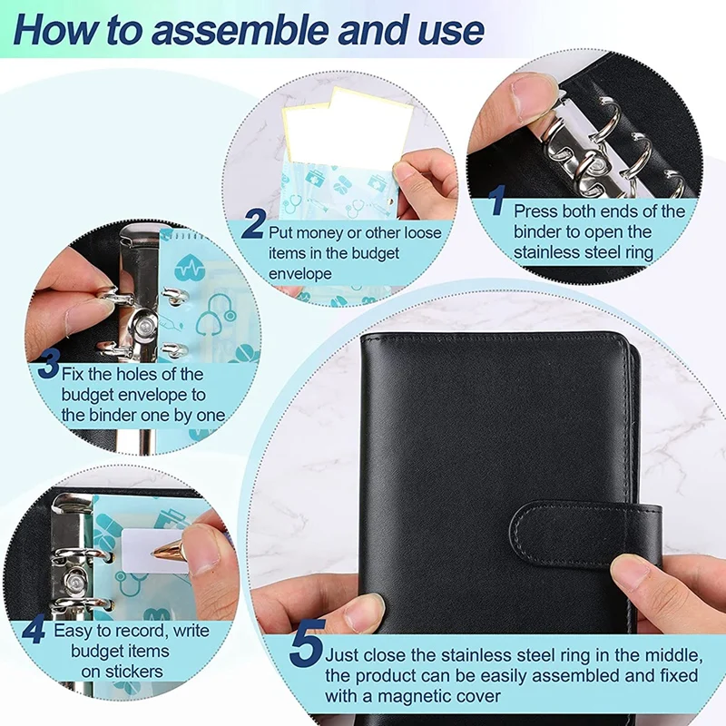 

31Pcs Budget Organizer Binder PU Leather Cash Envelope System Sets, They Are Great for Storage Cash,Money Handling Black
