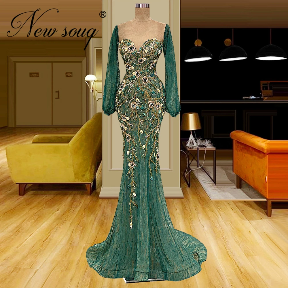 

Muslim Green Beading Evening Dresses Arabic Mermaid Plus Size Evening Wear Prom Gowns Wedding Party Dresses Vestidos Festa 2022
