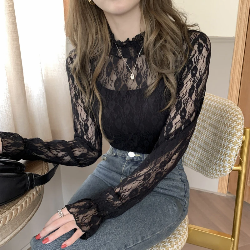 Женская кружевная сетчатая блузка с высоким воротником Прозрачная майка