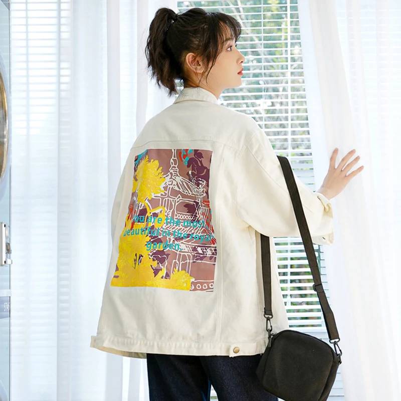 Свободная Женская джинсовая куртка белая Осенняя Повседневная в стиле Харадзюку