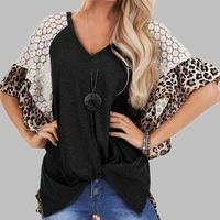 2021 summer new women fashion lace leopard patchwork short sleeve v neck t shirt ladies loose pullover tops t shirts