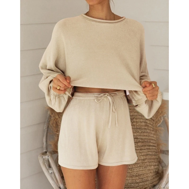 

Women O Neck Long Sleeve Loose Top Set and Shorts Knit Casual Loose Two Piece Sets