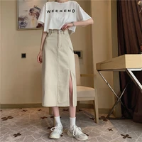 women split straight skirt vintage soild color pencil skirts pockets summer apricot high waist button long denim skirts female
