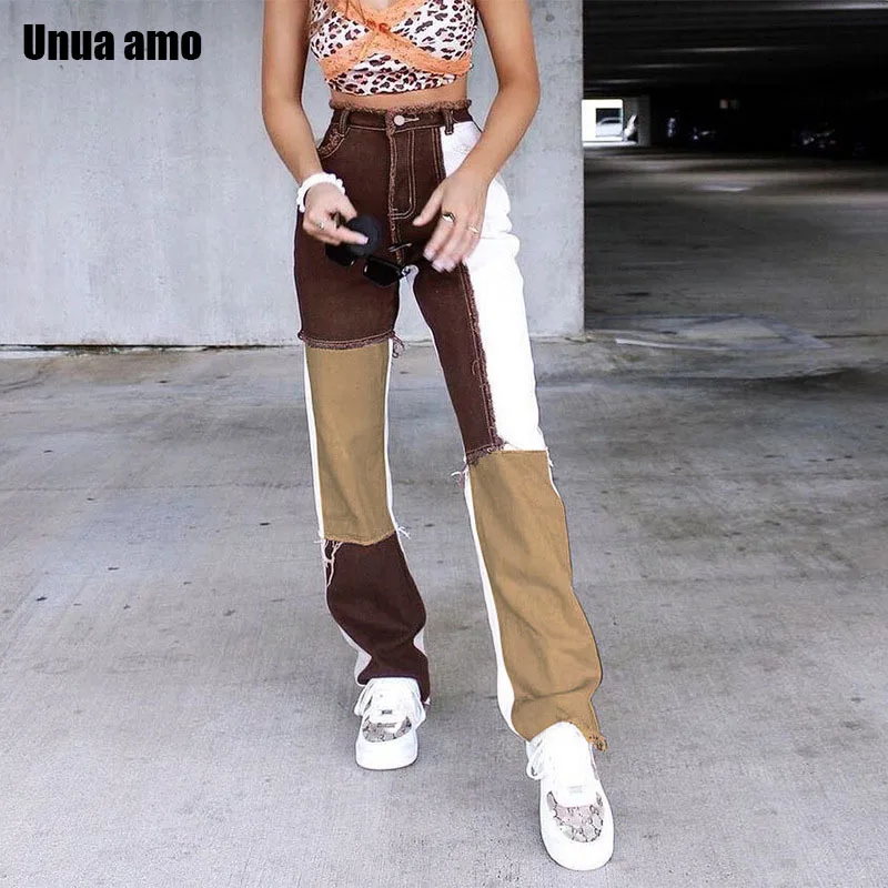 Unua amo Stylish Color Block Patchwork Frayed Jeans Woman Streetwear Wild Loose Female Denim Pants Boyfriend Straight Trousers