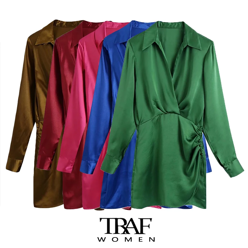 

TRAF Women Fashion With Covered Buttons Draped Soft Touch Mini Dress Vintage Long Sleeve Side Zipper Female Dresses Vestidos