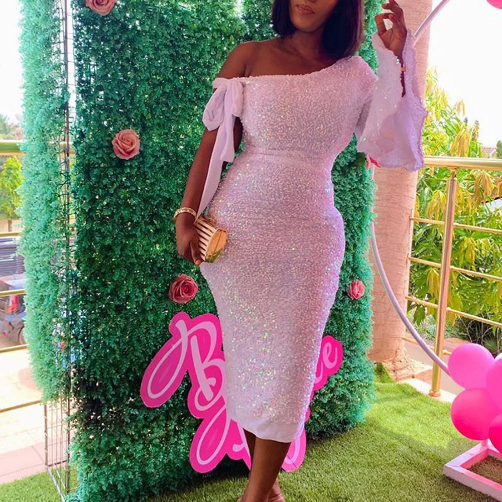 

2021 Pink Evening Party Summer Dress Sexy One Shoulder Shiny Pink Tight Women High Waist Bodycon Plus Size Night Club Dresses