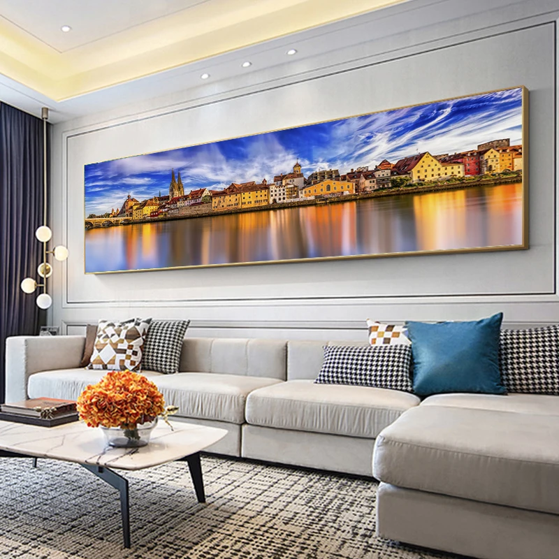 2021 Новый Wall Art Большой Размеры фон с рисунком пейзажа деревьями рекой и дом Синий