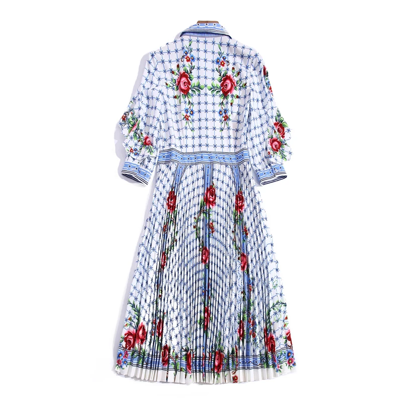 

Designer 2021 New Fashion Women'S Dress High Quality Diamond-Studded Flower Print Plaid Ruffled Midi Shirt Dress