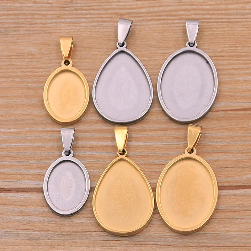 2Pcs/Lot 2 Color 3 Styles Stainless Steel Oval Water Drop Cabochon Base Setting Diy Blank Pendant Tray For Necklace Making
