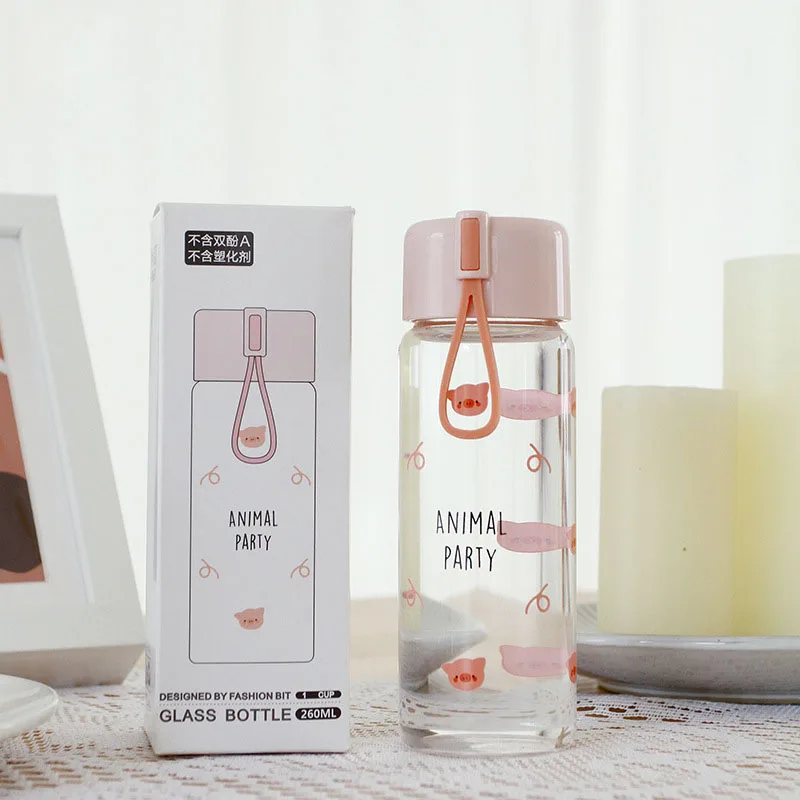 Мультяшная милая стеклянная бутылка воды с силиконовой веревкой креативная