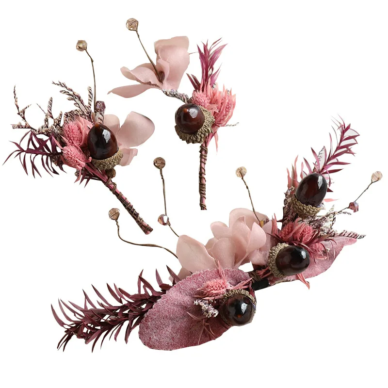 Розово-красный натуральный высушенный шишка головной убор наборы шпилек для