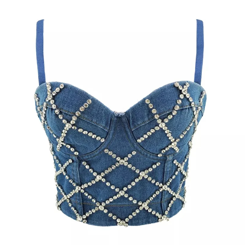 

Denim bustier crop top Bra corset sexy backless tight blue Tops sparkly diamond Underwear trendy Bras Women party club outfits