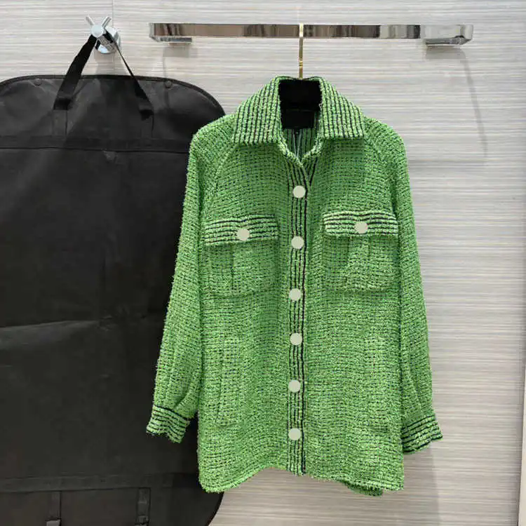 

Office Style Knitted Long Coats for Women Spring Fall 2021 New Big Pocket Single Breasted Coats Fashion Green Knitted Coats Lady