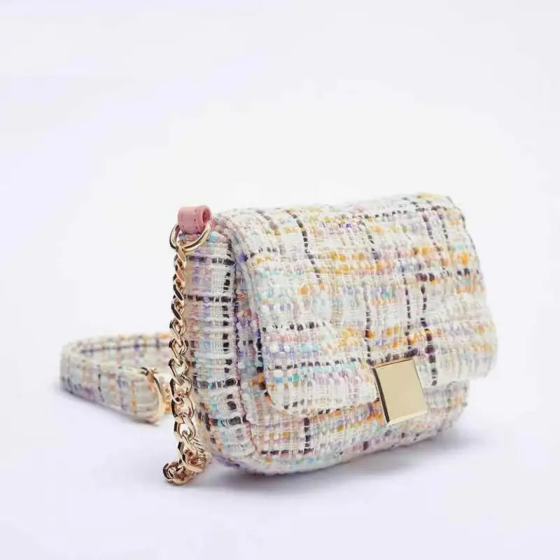 

Color Matching Chain Shoulder Bag Women Tweed Fabric Mini Crossbody Bags 2021 New Fahsion Females Luxury Retro Messenger Bags