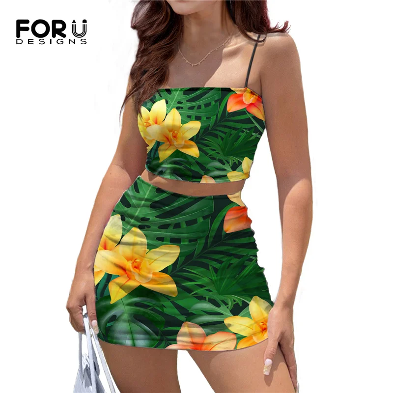 

FORUSEDIGNS 2021 Womens 2 Piece Set Skirts Hawaiian Palm Leaf Hibiscus Flower Sexy Sleeveless Camis Crop Tops And Skirts Mujer