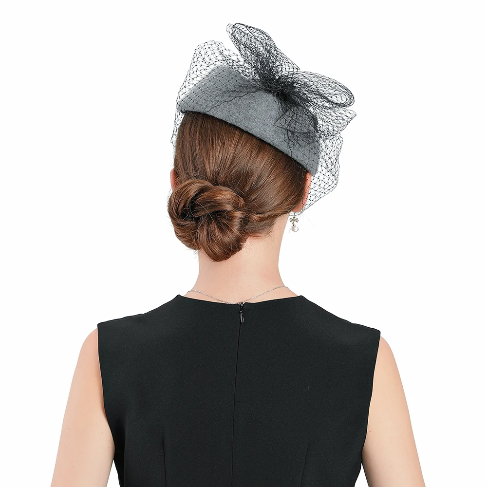 Fedoras Wool Leaf Hat Gray Fascinator For Women Elegant Church Wedding With Veil Cap Cocktail Tea Party Hair Clip Hat Girls