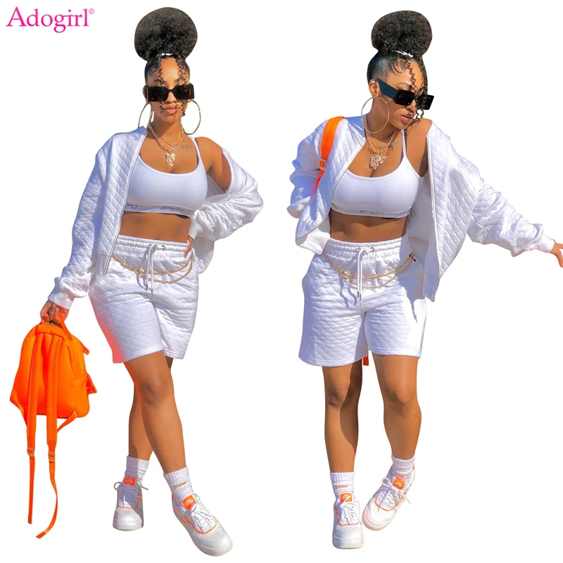 Adogirl Mercerized Cotton Solid Tracksuit Women Casual Active Two Piece Set Zipper Long Sleeve Jacket Top Pockets Shorts Suit