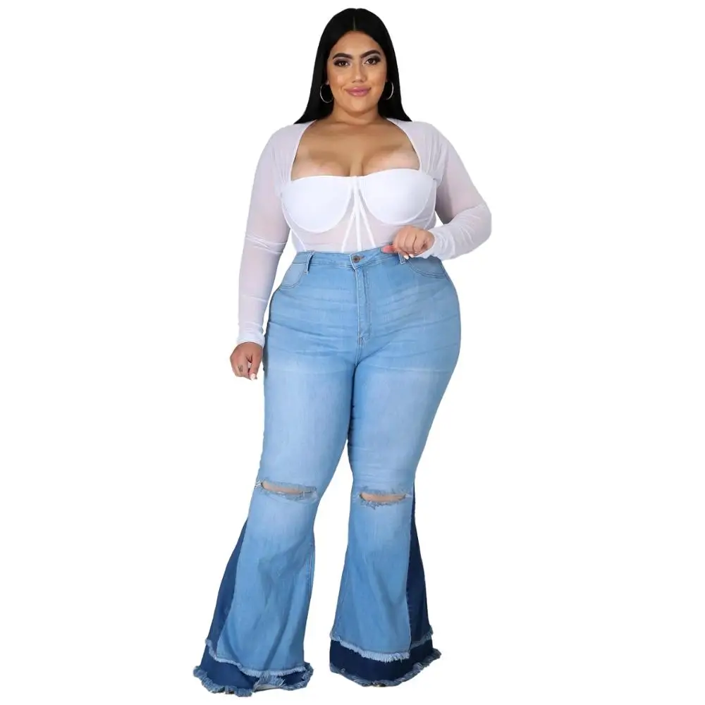 

Plus Size XL-5XL Women Casual High Waist Ripped Jeans Easy Matching Lady's Skinny Hollow Out Casual Bell-bottomed Denim Pants