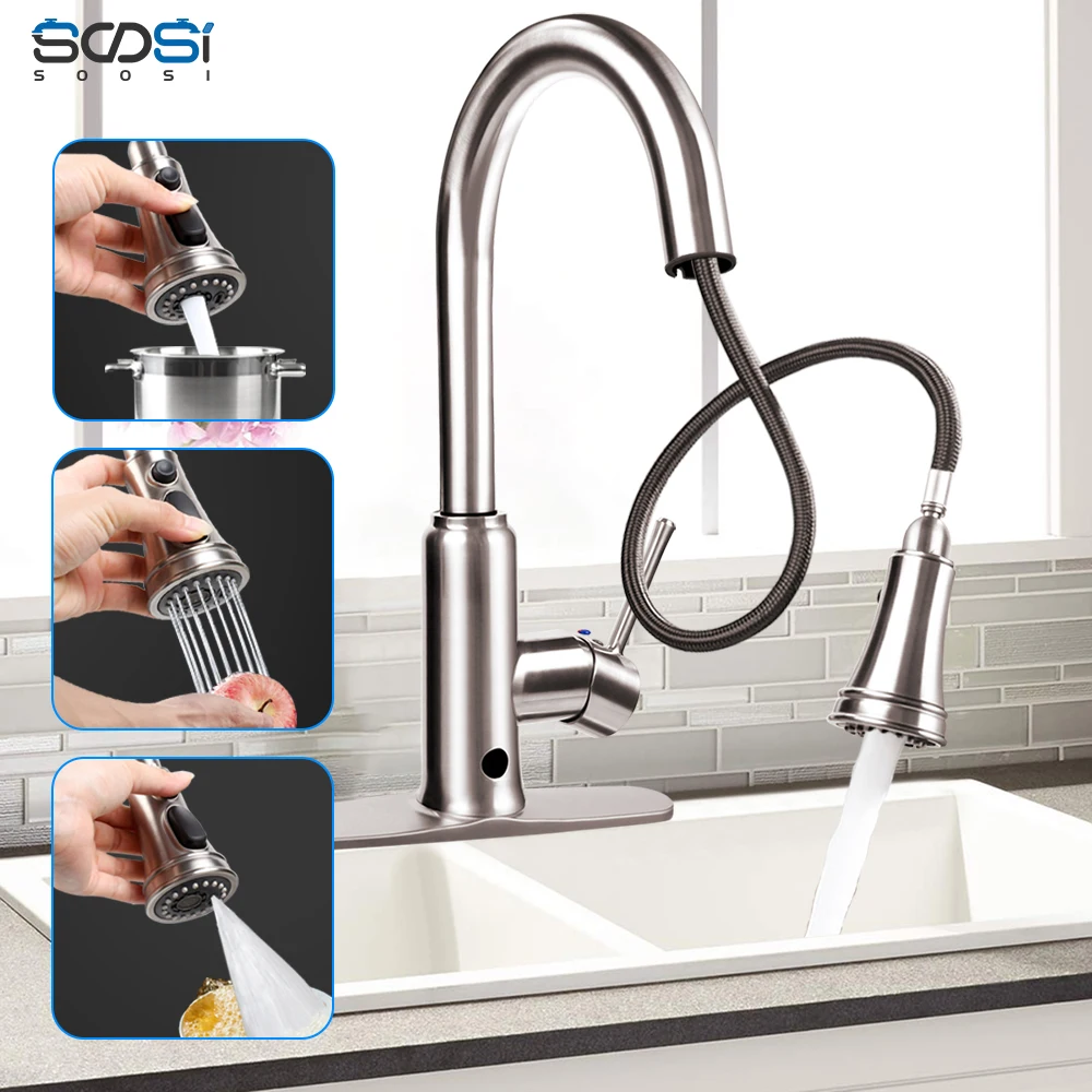 

Brushed Nickel Kitchen Faucet Single Hole Pull Out Spout Kitchen Sink Mixer Tap with Stream Sprayer Head Sensor Kitchen Tap
