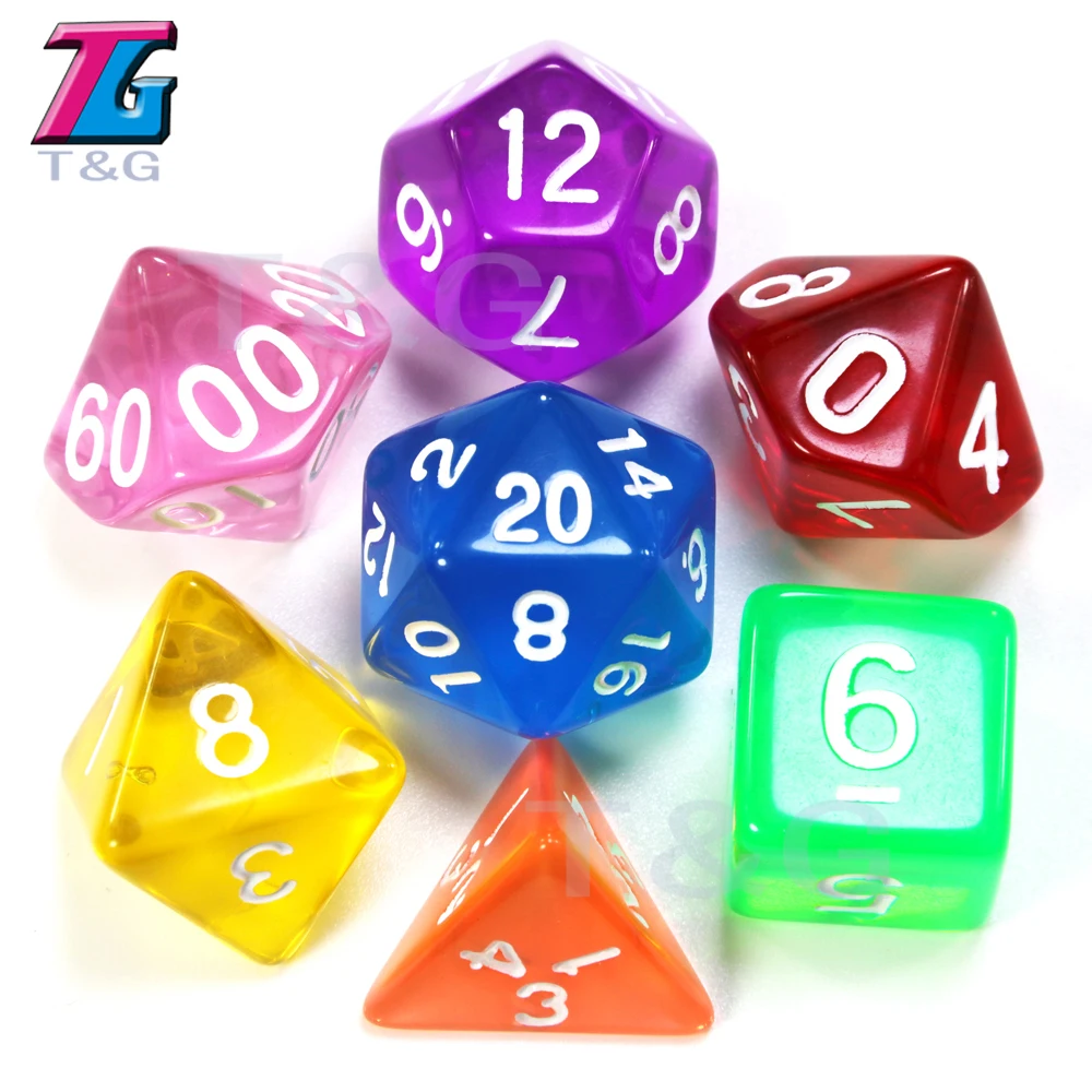 7 шт./компл. прозрачный набор костей для ролевых игр D4, d6, d8, d10, d10%, d12, d20 для Настольная игра, красный, синий, желтый, фиолетовый, зеленый, светло-зеленый высокое качество