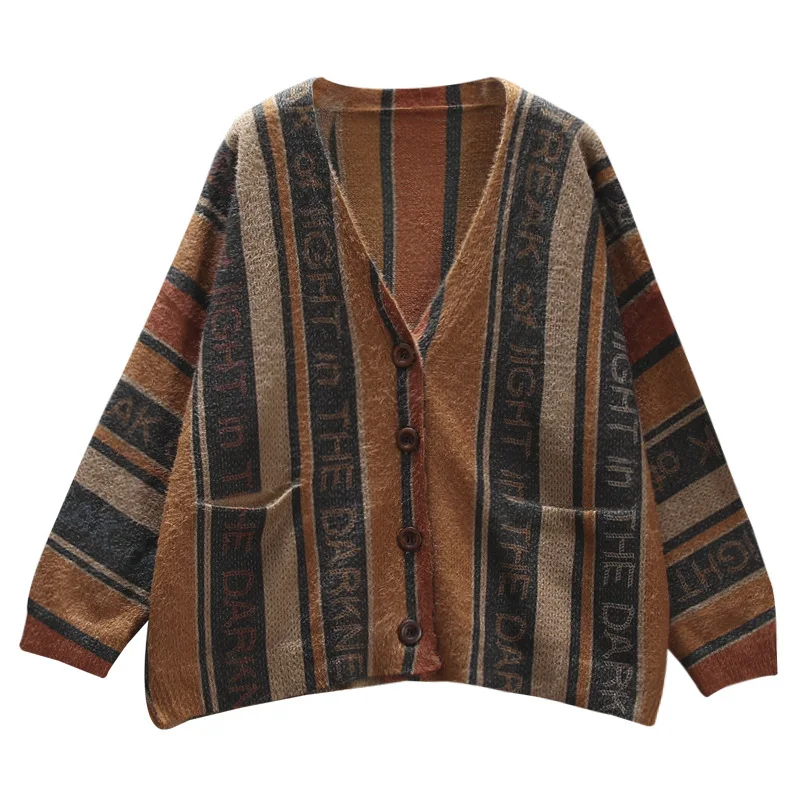 Autumn Sweater Women Retro Loose Knitting jackets 2019 New Ladies Cardigan Tops Long-sleeved pocket Print Casual Coat |