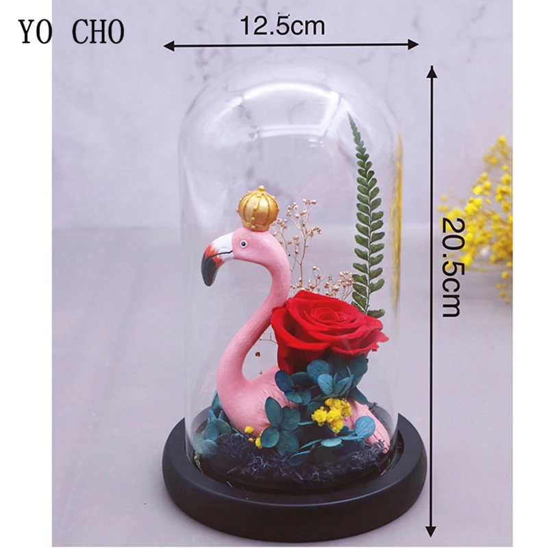 

YO CHO Real Rose Everlasting Preserved Rose Flower Christmas Valentine Gift Glass Dome Flamingo Immortal Rose Flower Unique Gift