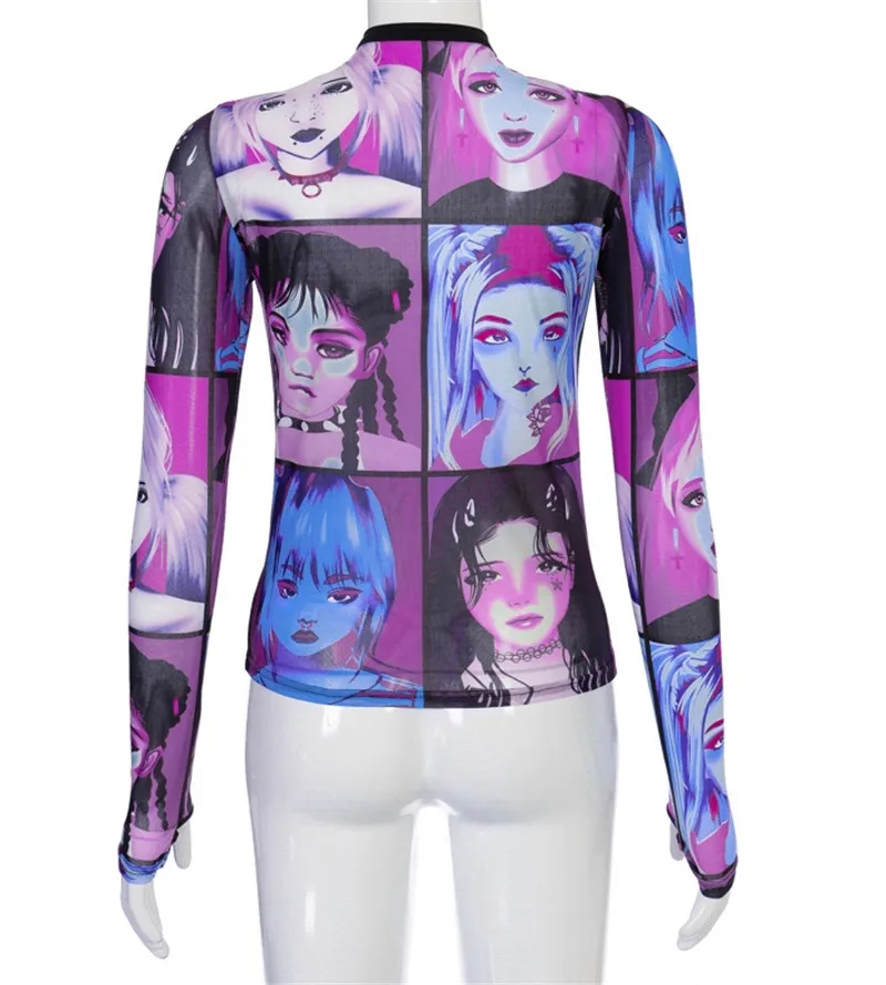 

Women Character Printed Pullover Blouse Lady Casual Mesh Long Sleeve O Neck Top Cozy Streetwear