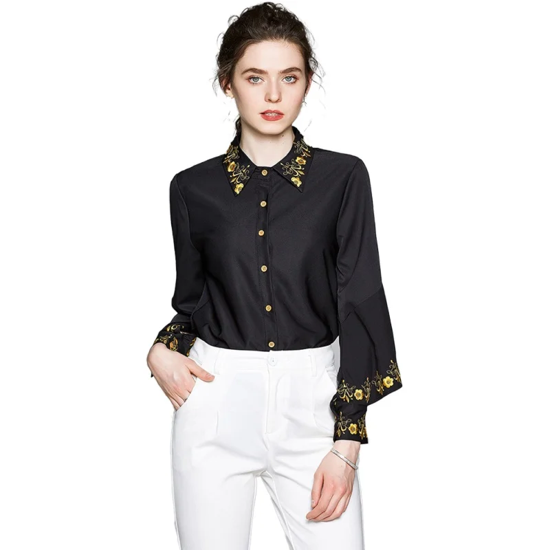 

Simgent Black Embroidery Blouse Women Autumn Spring Long Sleeve Ruffle Turn Down Collar Office Blouses Blusas Ladies Top SG07201