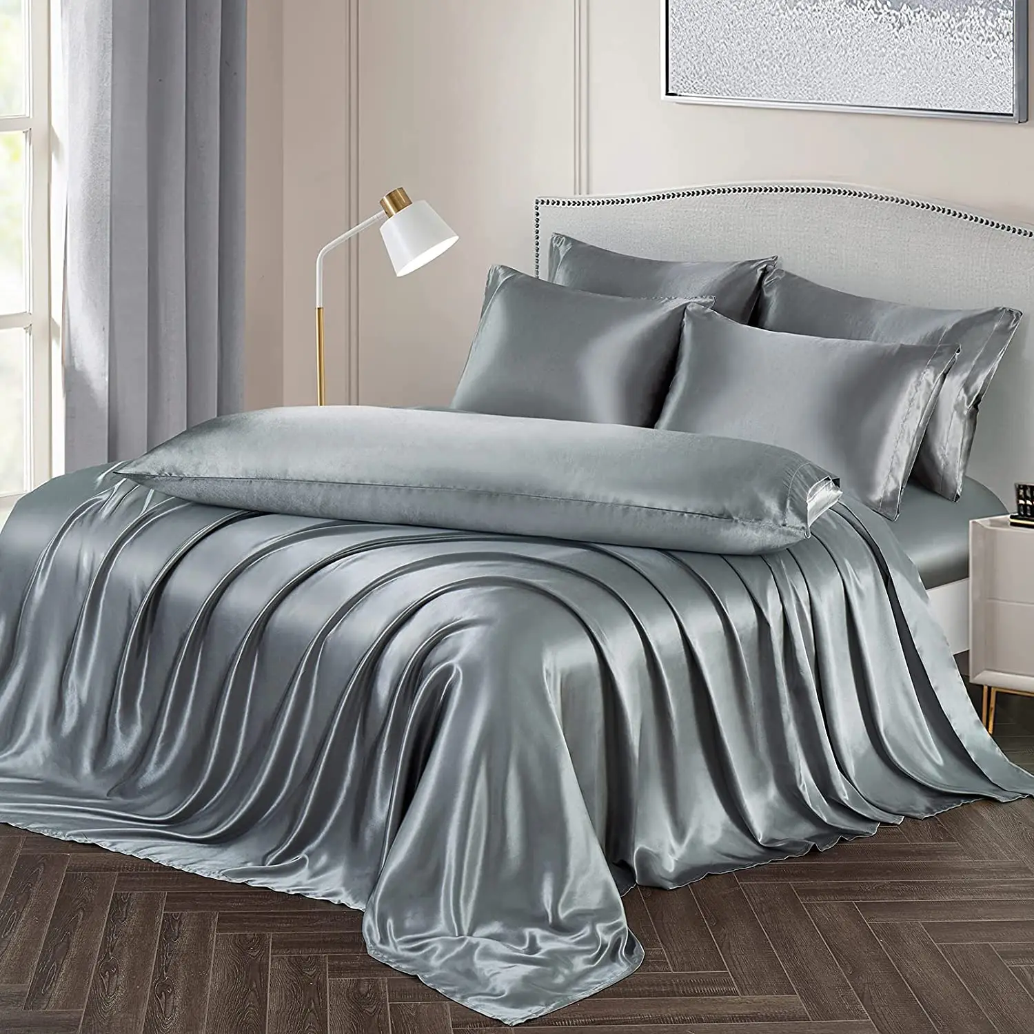 

7 Pieces Sheets Set Luxury Silky Grey Satin Bed Sheets Set with 1 Deep Pocket Fitted Sheet 1 Soft Flat Sheet 4 King Pillowcases