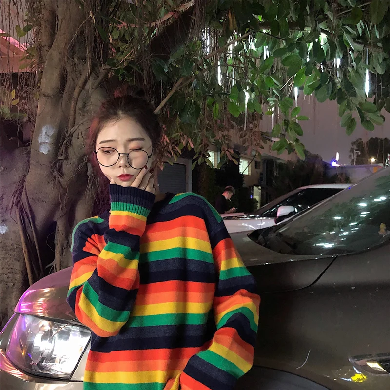 Осенние женские корейские милые винтажные полосатые свитеры в стиле Харадзюку