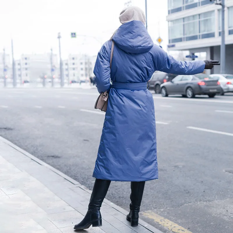 

winter coat hooded belt long cotton jacket women 2020 new