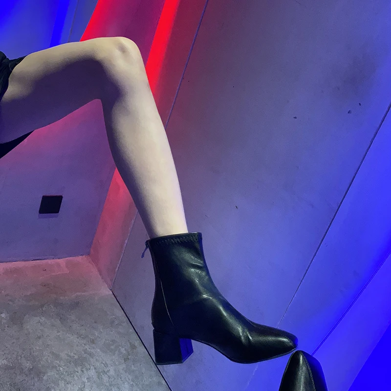 Women Low Square Heel Mid-Calf Boots Square Toe Evening Party Zip Shoes Fashion Ball 2021 Winter Lady Martins Boots 2-A-BT-1