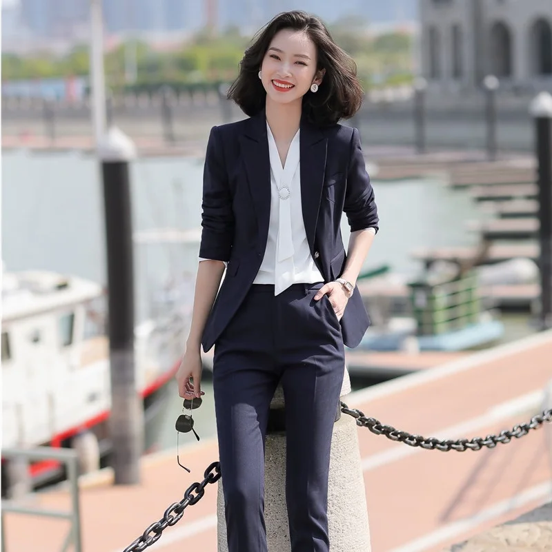 Деловой женский брючный костюм темно-синий для работы офисная форма | Женская