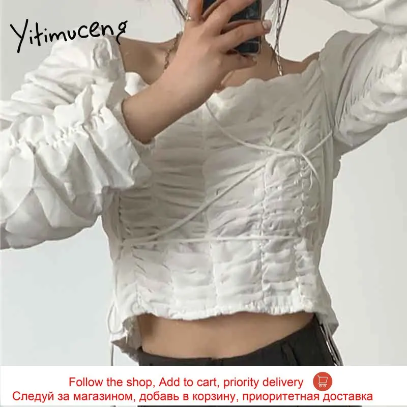 

Yitimuceng Ruched Blouse Women Bandage Bare Shoulder Shirts Puff Sleeve Unicolor White Clothes 2021 Summer Korean Fashion Tops