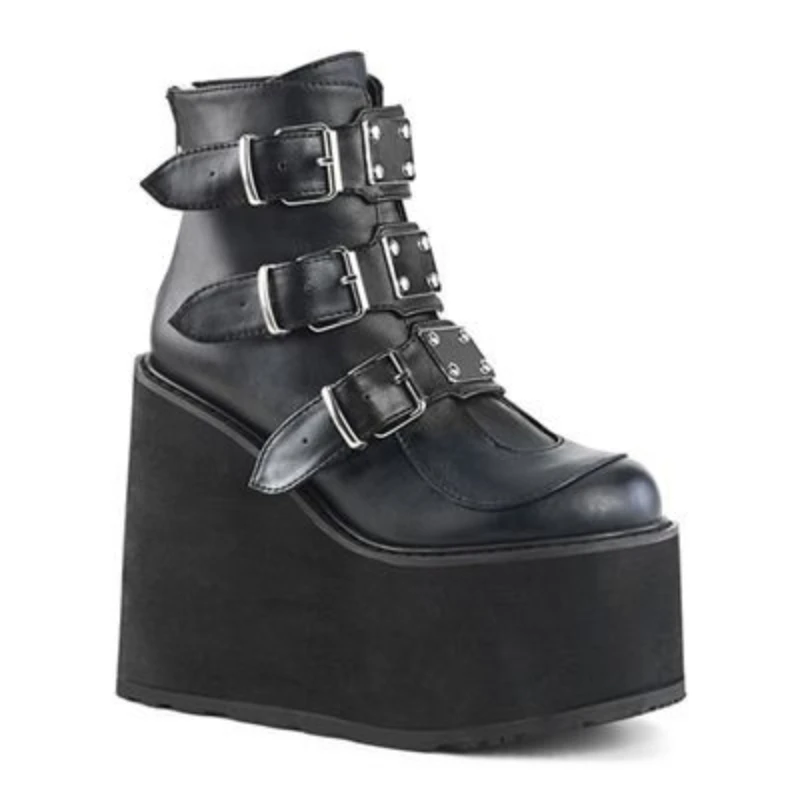 

Metal Buckle Ankel Boots Women Punk Female Platform Boots Wedges High Heels PU Women Boots Botas Mujer Plus Size 35-43