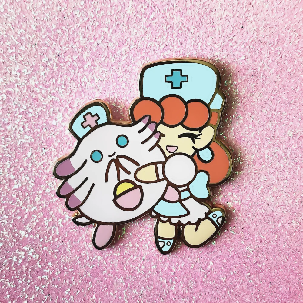 

Cute Nurse Girl Joy and Pink Monster Hard Enamel Pin Cartoon Pink Animal Medal Brooch Game Fans Collectible Badge Jewelry
