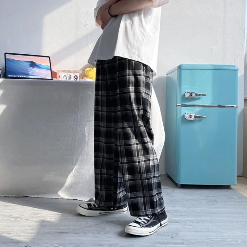 

Plaid Straight Leg Pants Men's Korean Fashion Loose Casual Pants Men's Harajuku Streetwear Retro Drawstring Mopping Pants Men