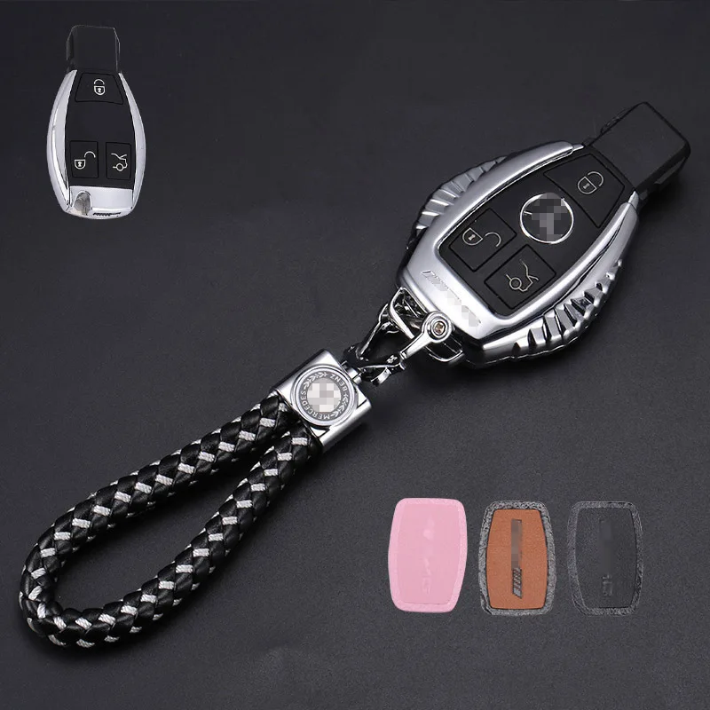 silver with chain Металлический чехол для ключей автомобиля, чехол для Mercedes Benz W203 W210 W211 W124 W202 W204 W205 AMG, брелок для ключей, защитная крышка из цинкового сплава - Название цвета: silver with chain