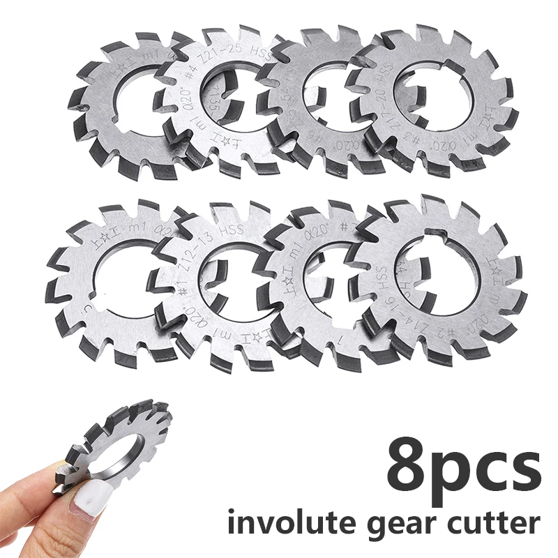 8Pcs M1 22mm Bore Involute Gear PA 20 Degree HSS Involute Gear Cutters Set #1-8 Assortment Kit For Milling Machine Tools